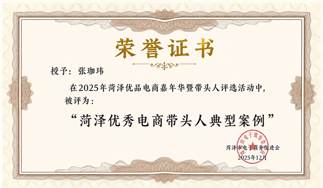 菏泽市电商带头人荣誉证书